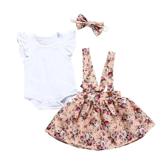 3Pcs Newborn Baby Girl Clothes Infant Short Sleeve Romper Top Strap Dress Headband Toddler Baby clothing Summer Cute Outfits Set