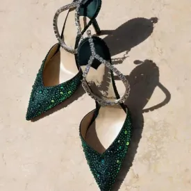 Green Rhinestones High Quality Design Women Shoes