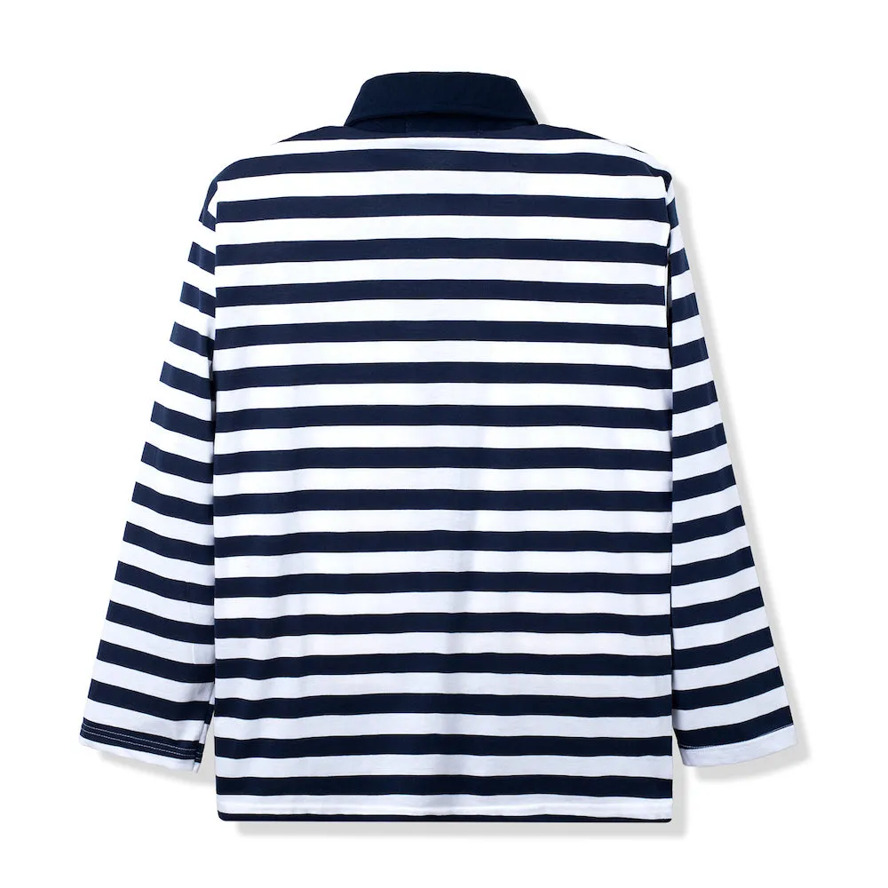Rugby Polo Stripes White Navy Long Sleeve