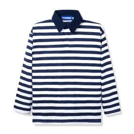 Rugby Polo Stripes White Navy Long Sleeve